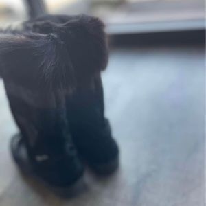 GARDEN | 7.5 / 38 | Italian Pony Hair Shearling Trim Low Wedge Calf Boots
